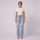 Savona distressed jeans in light wash, high-rise straight leg, front view on model