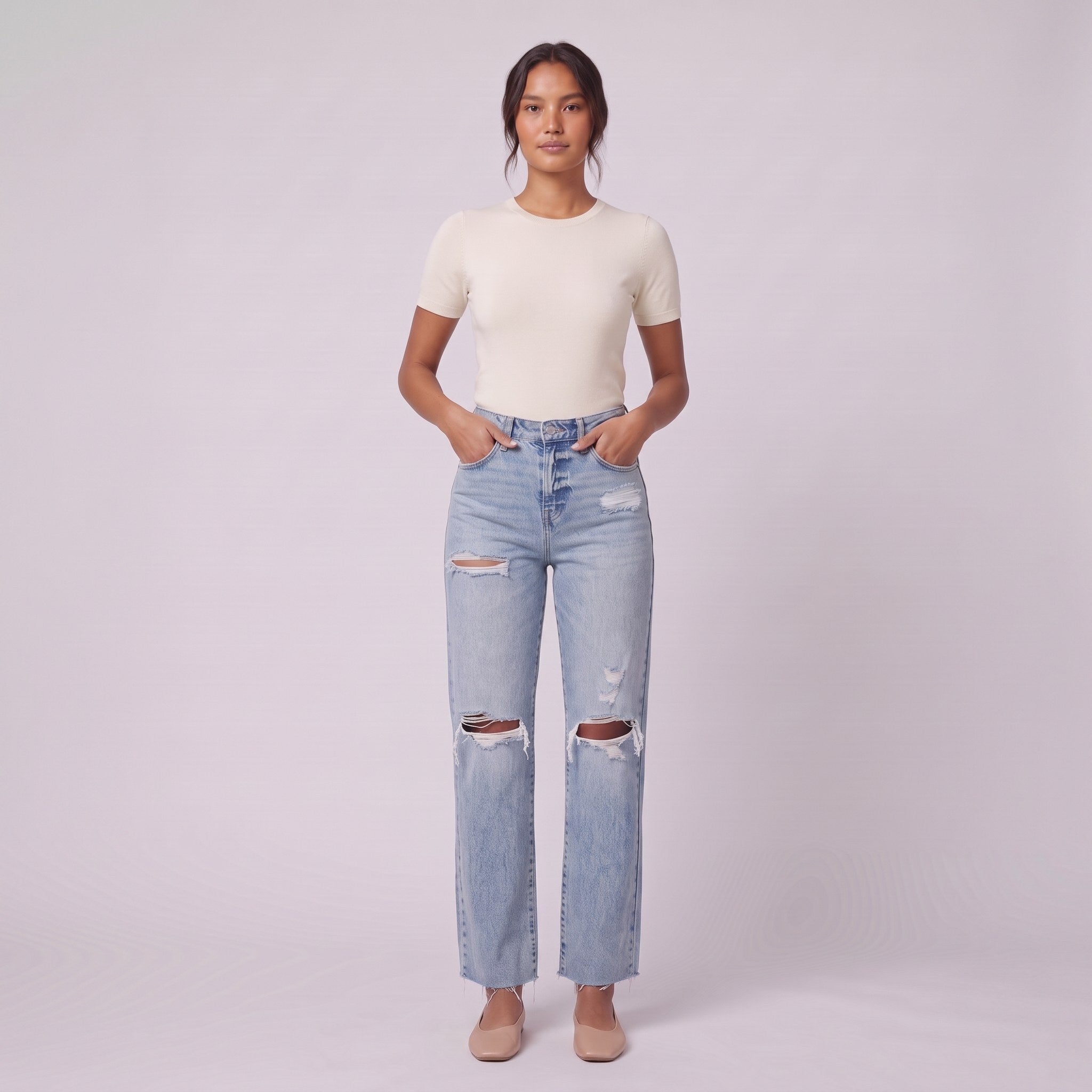 Savona distressed jeans in light wash, full-length view with hands in pockets