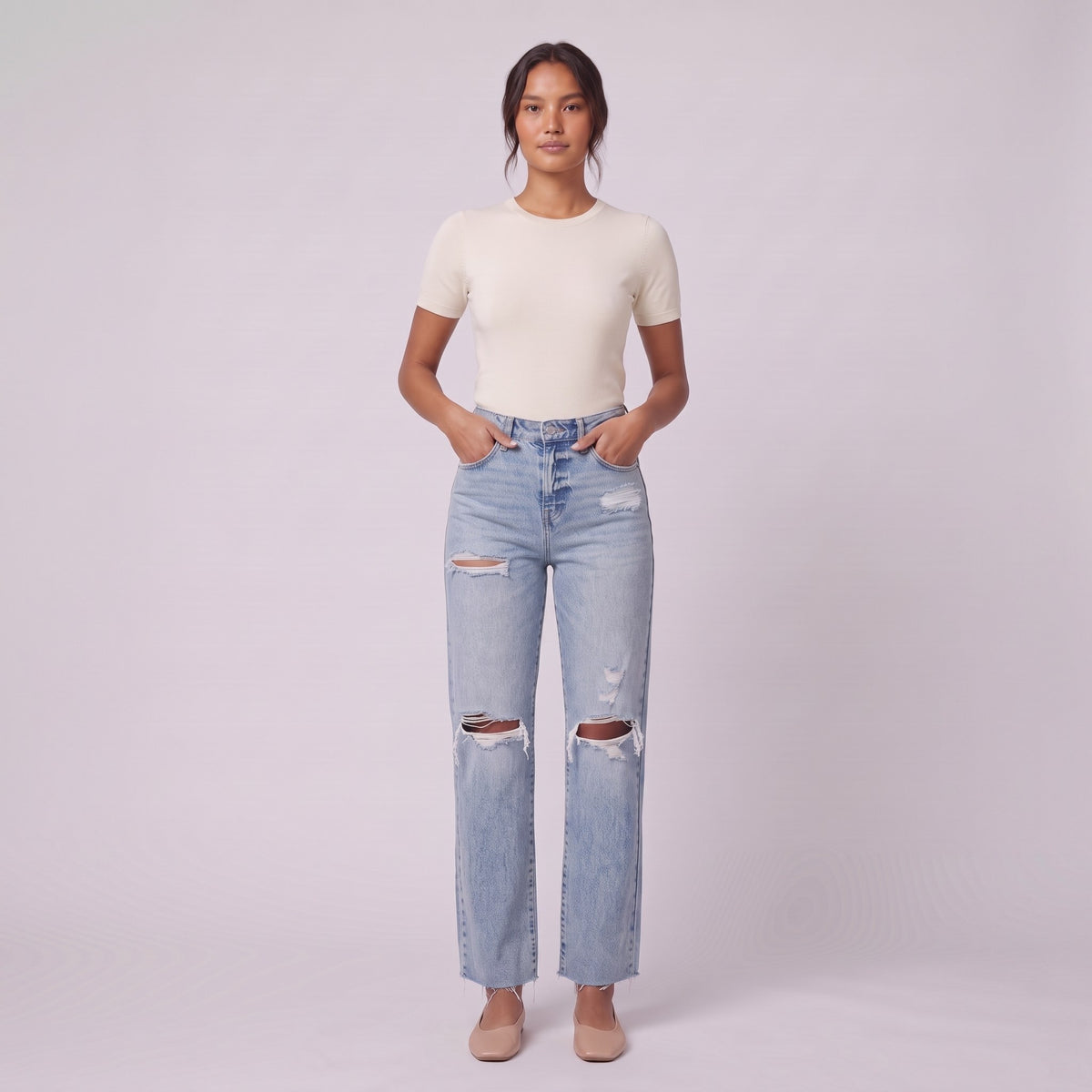 Savona distressed jeans in light wash, full-length view with hands in pockets