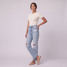 Savona distressed jeans in light wash, three-quarter view showing straight leg