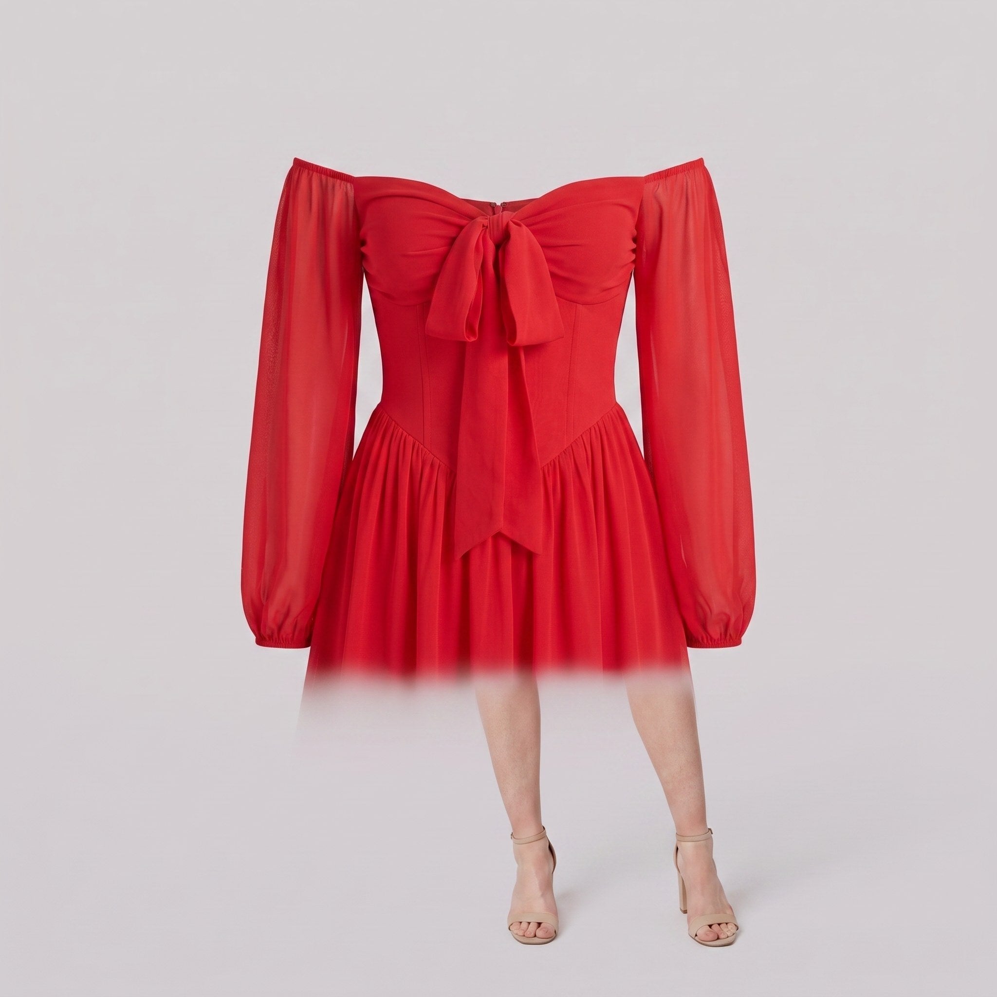 Scarlet Muse red mini dress shown without a model on a light grey background
