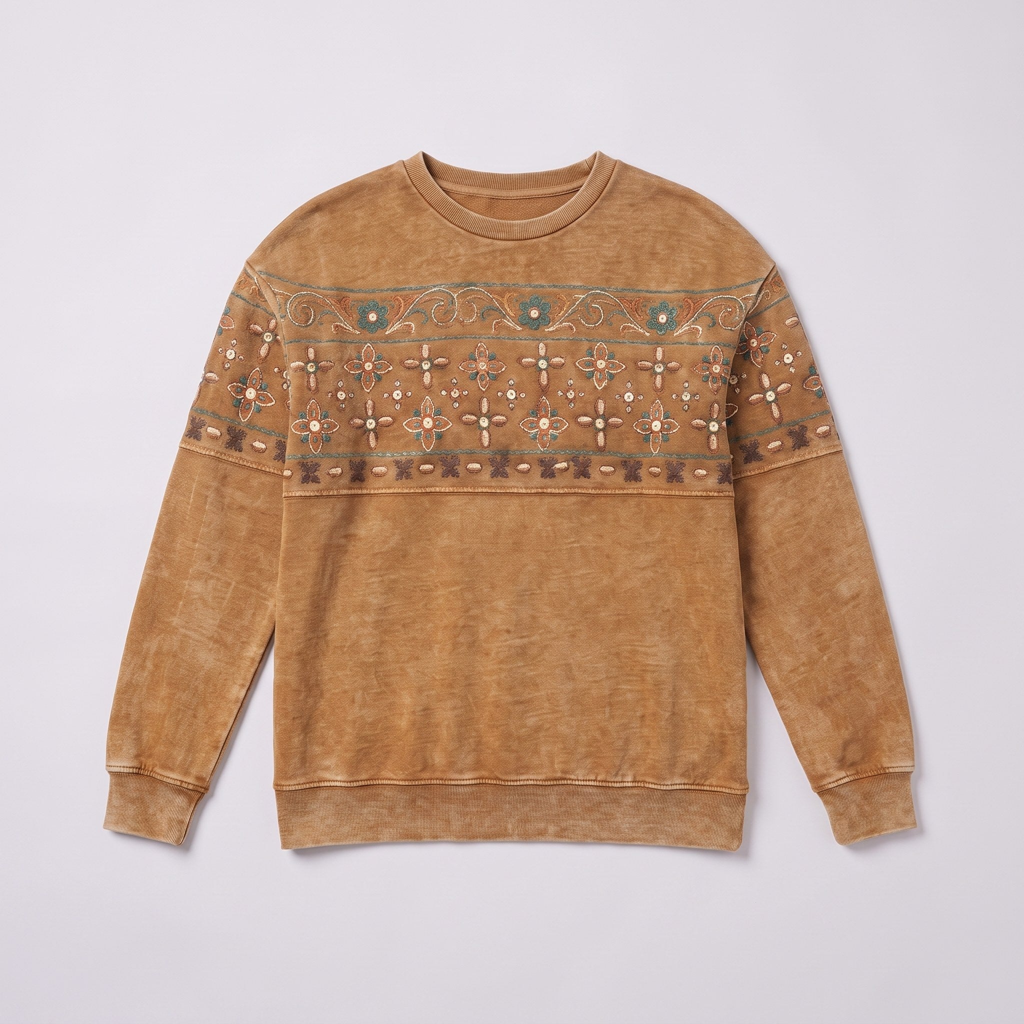Sedona printed sweatshirt in caramel, flat lay showing the full folk border print