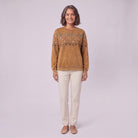 Sedona printed sweatshirt in caramel with folk border print, front view on model