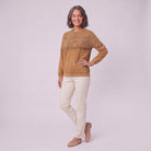 Sedona printed sweatshirt in caramel, three-quarter view showing the folk border