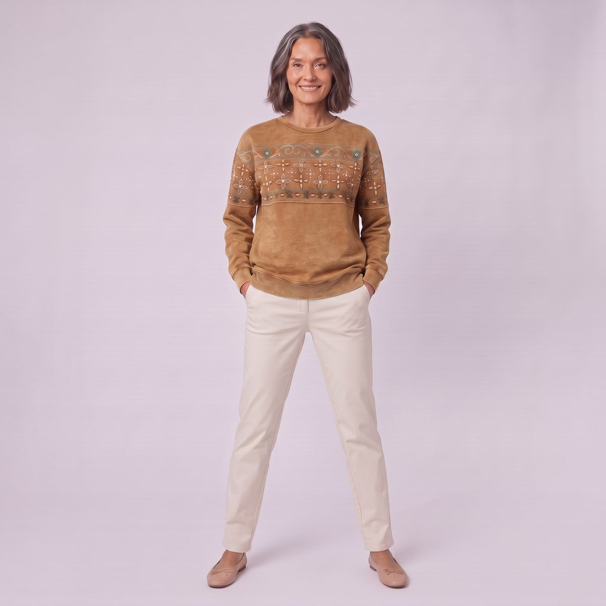 Sedona printed sweatshirt in caramel, full front view showing the relaxed fit
