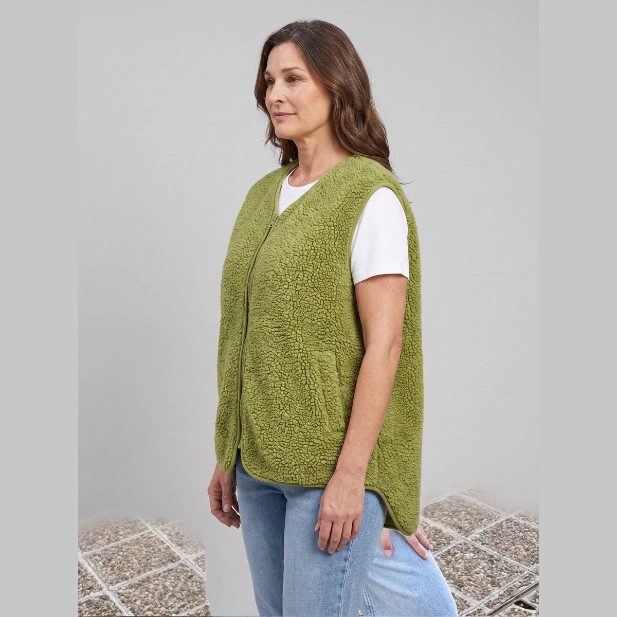 Oversized sherpa fleece gilet with an open front, view 3