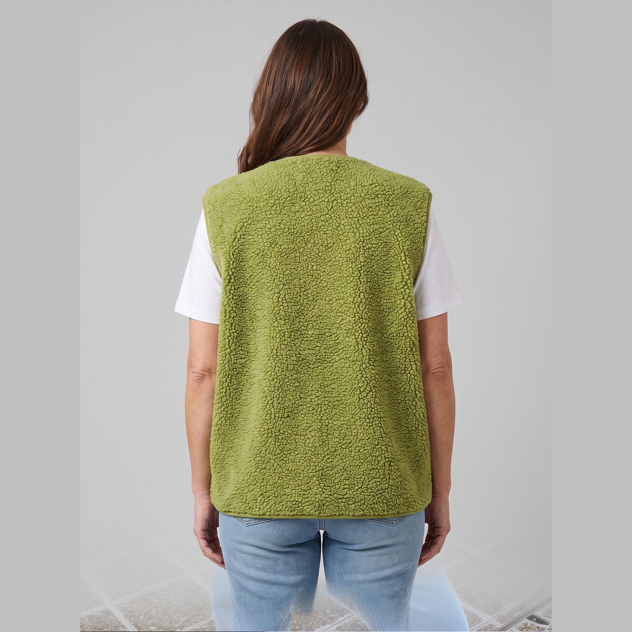 Oversized sherpa fleece gilet with an open front, view 4