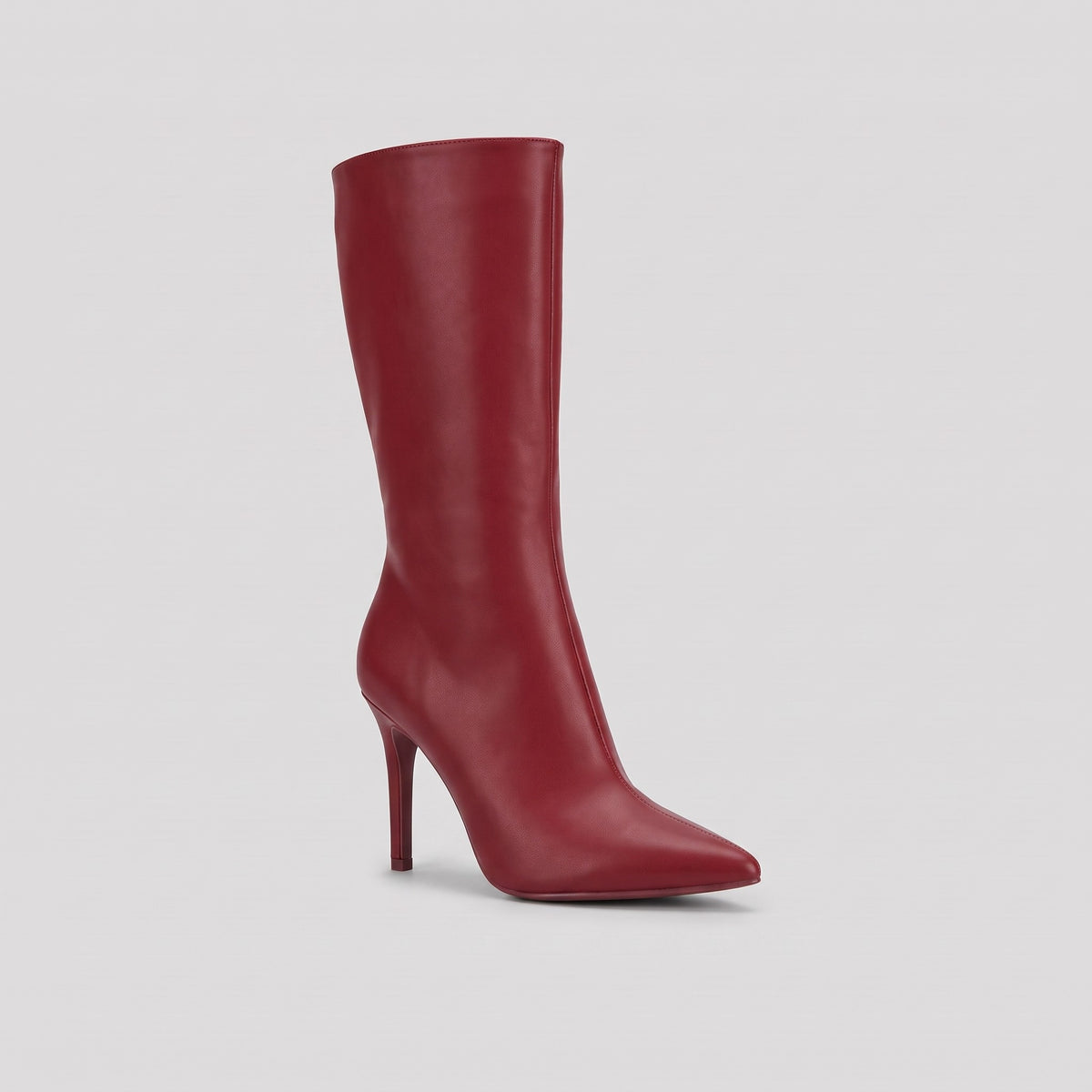 Sera mid-calf boot in deep red vegan leather with a pointed toe and stiletto heel