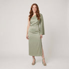 Satin one-shoulder midi dress with a single sleeve and slit at the leg, view 1