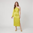 Satin one-shoulder midi dress, view 2