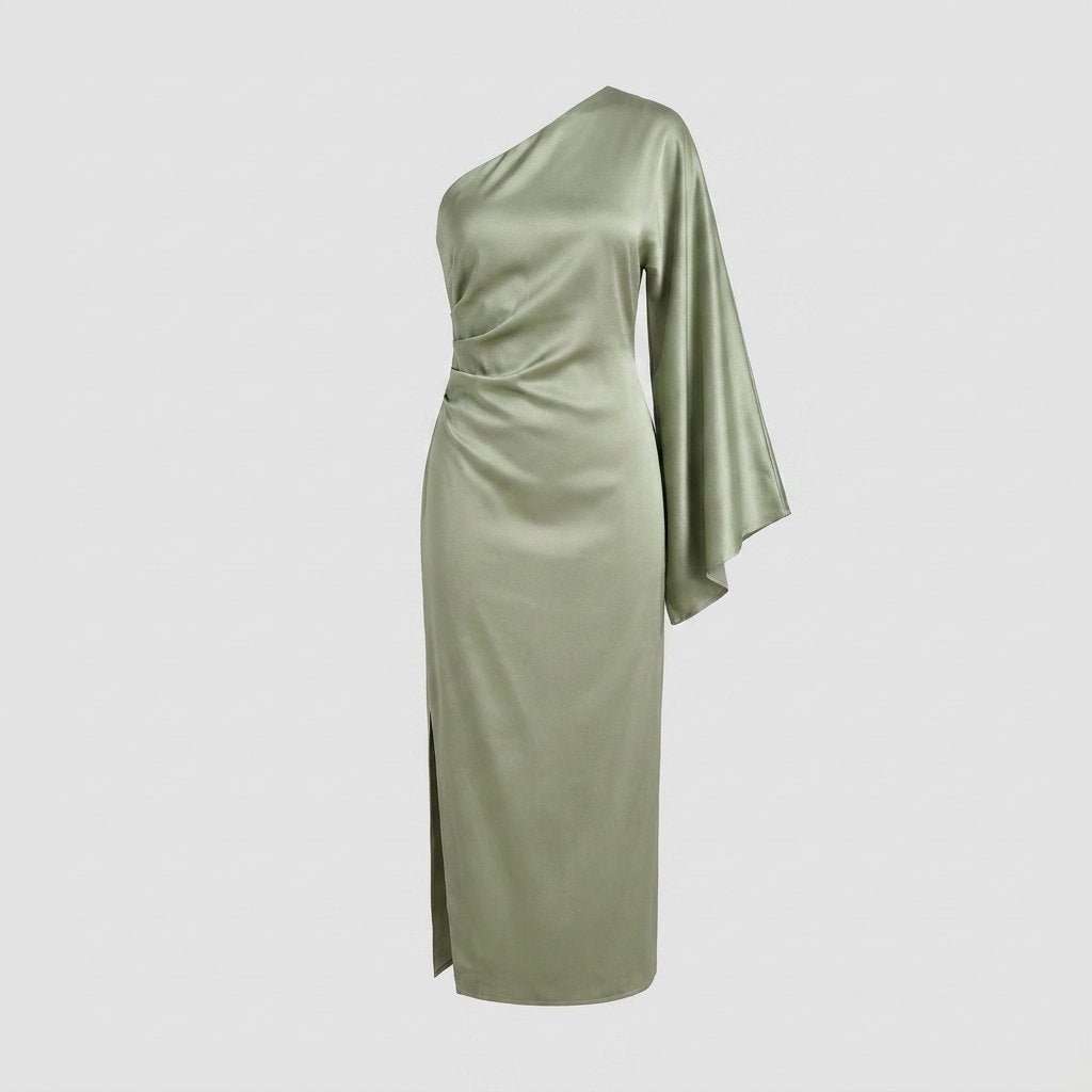 Satin midi dress showing the tie at the waist, view 3