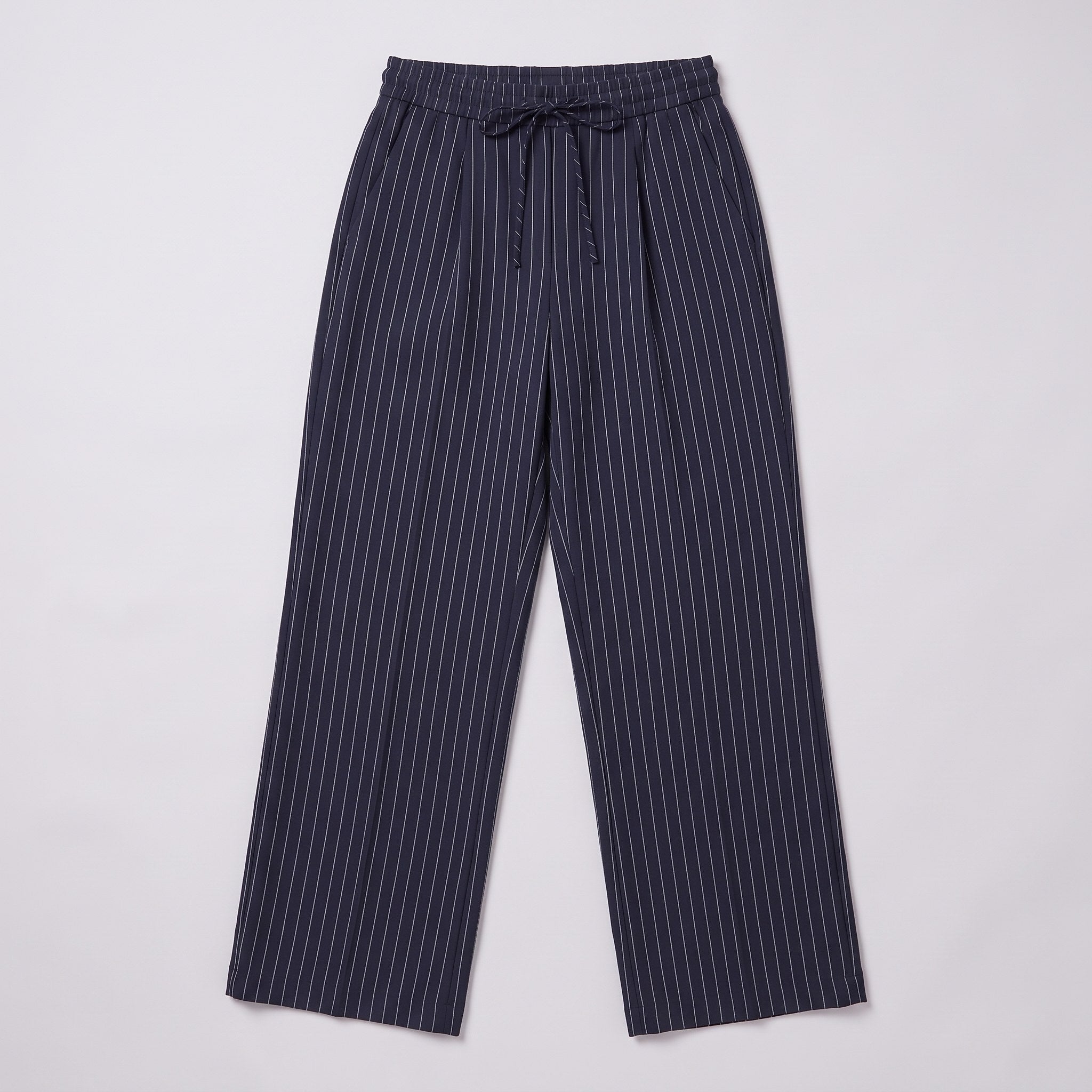 Sidony pinstripe wide leg trousers flat lay, full garment on light grey