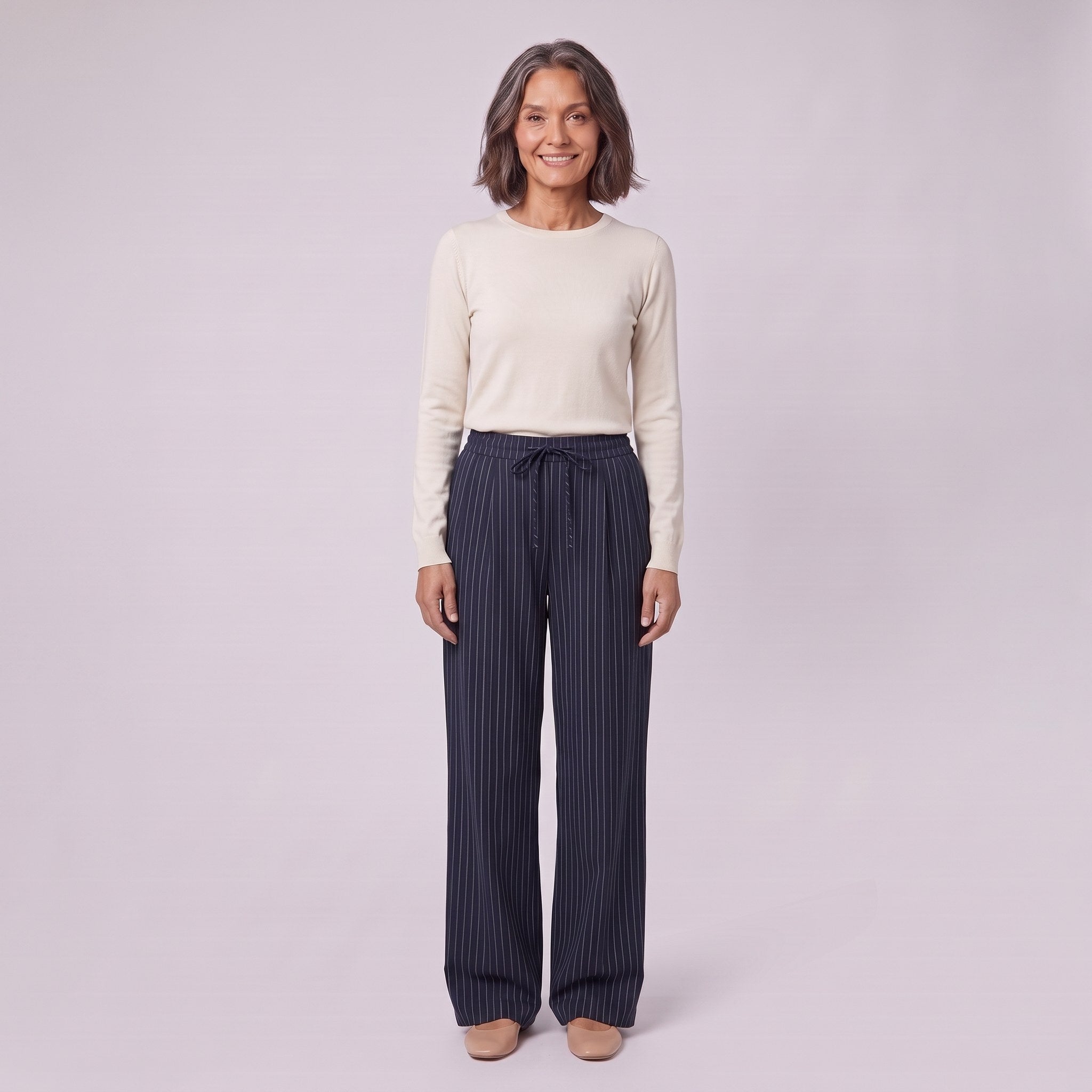 Sidony pinstripe wide leg trousers in navy blue, front view on model