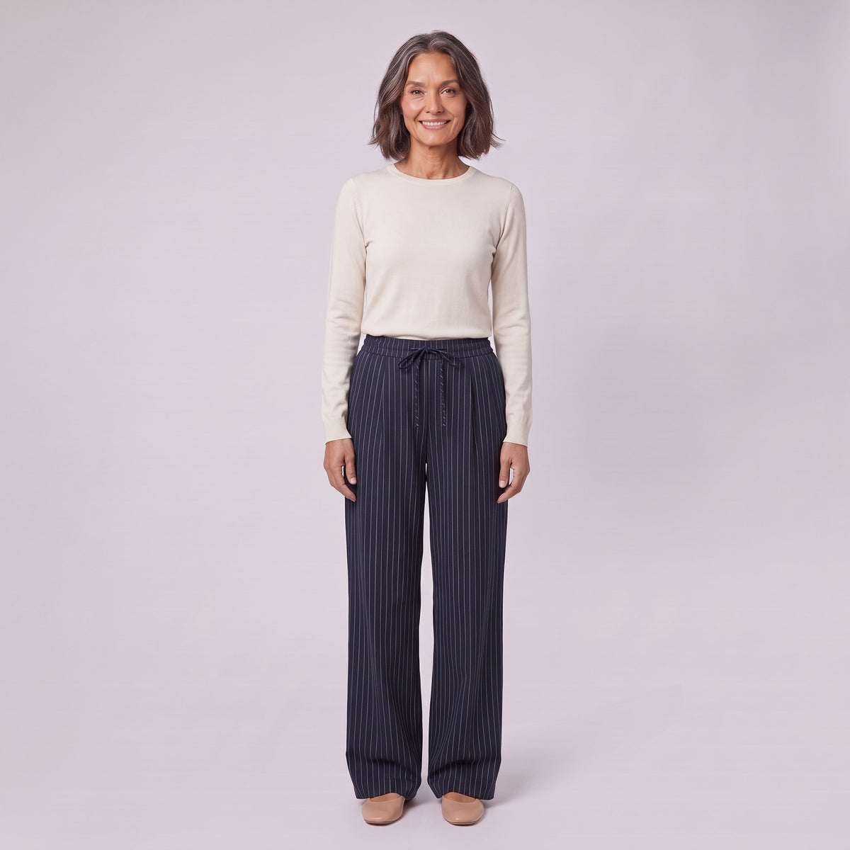 Sidony pinstripe wide leg trousers in navy blue, front view on model