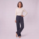 Sidony pinstripe wide leg trousers in navy blue, three-quarter view showing the drawstring waist
