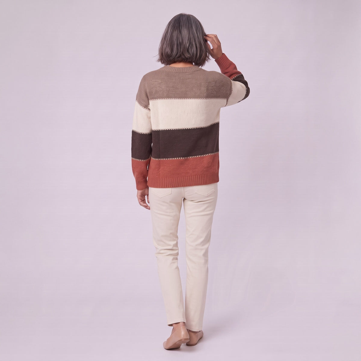 Sigrid colour block sweater, back view showing taupe, ivory, brown and rust blocks