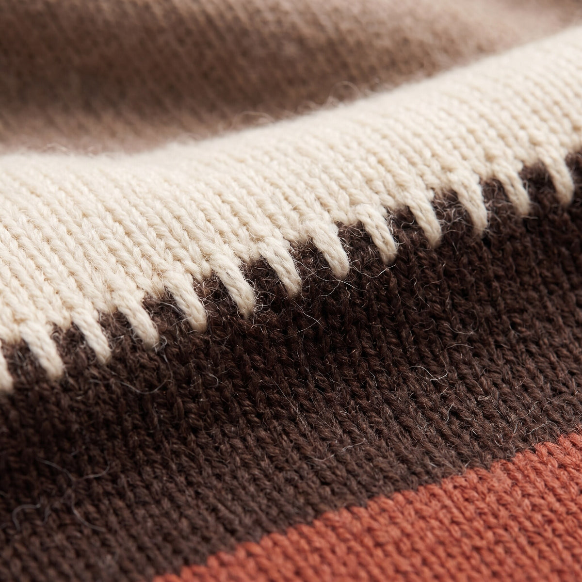 Sigrid sweater fabric detail, cream blanket stitch between ivory and espresso brown knit