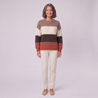 Sigrid colour block wool blend sweater, front view on model with cream trousers