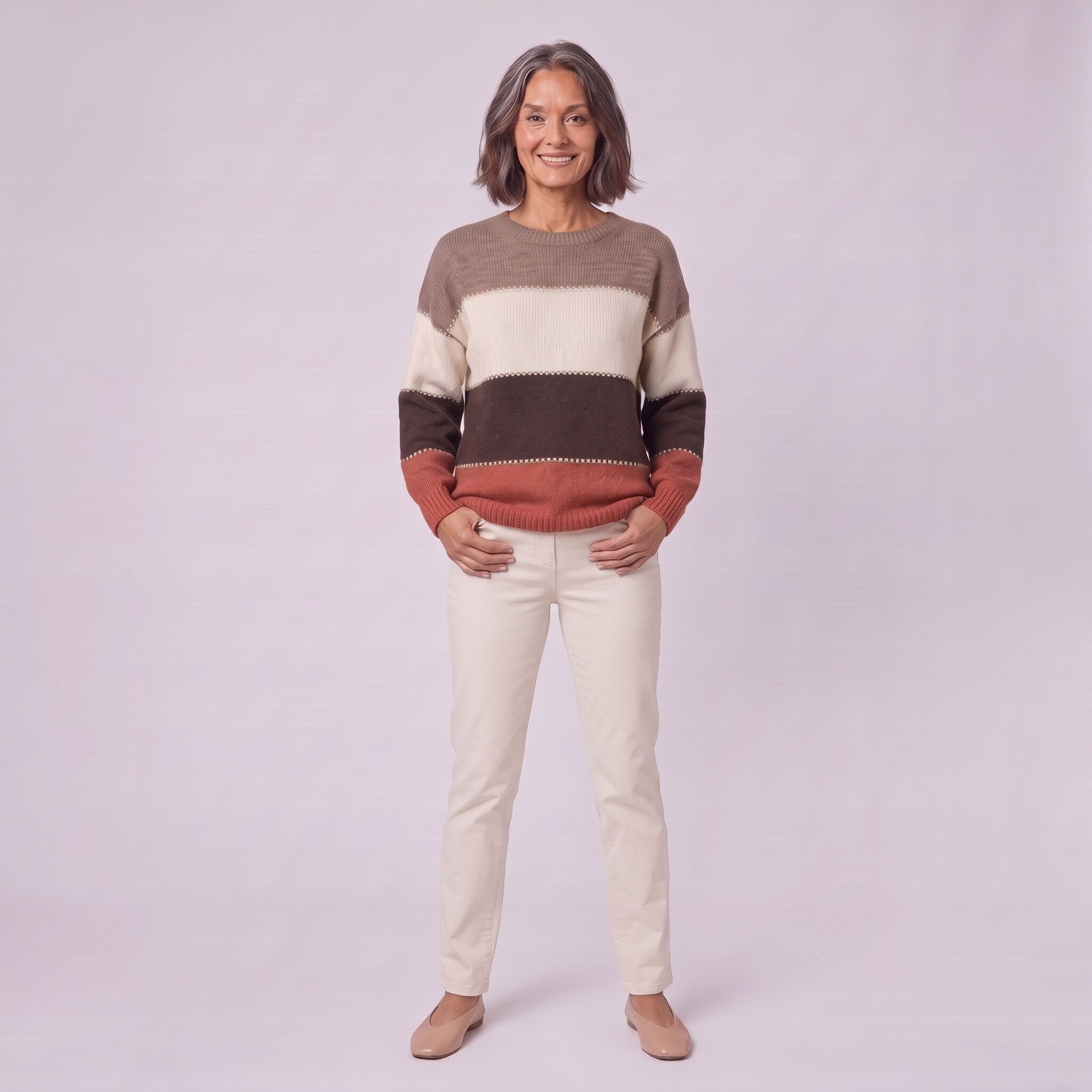 Sigrid colour block sweater, full length front view on model