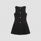 Black sleeveless mini dress with a pleated skirt and gold buttons, view 5