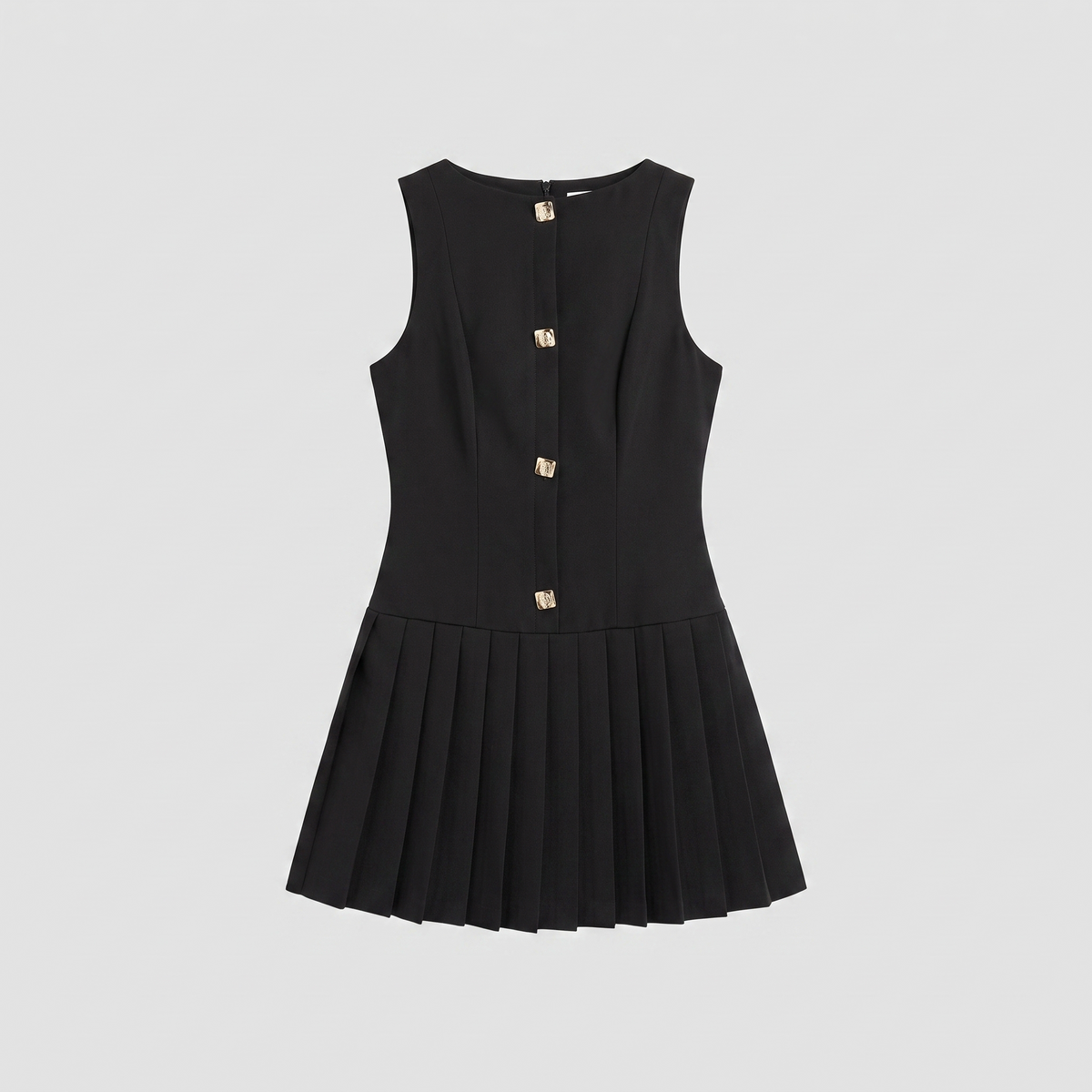 Black sleeveless mini dress with a pleated skirt and gold buttons, view 5