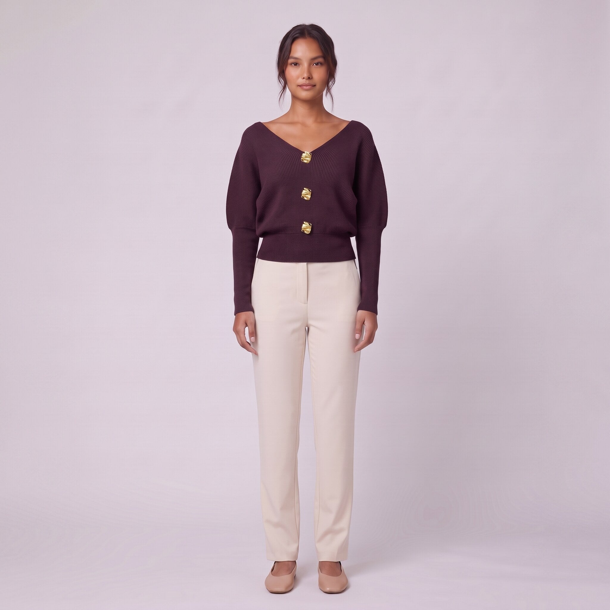 Solenne boat neck sweater with gold buttons in deep burgundy red, front view on model