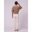 Solenne boat neck sweater in beige taupe, back view showing wide scooped neckline