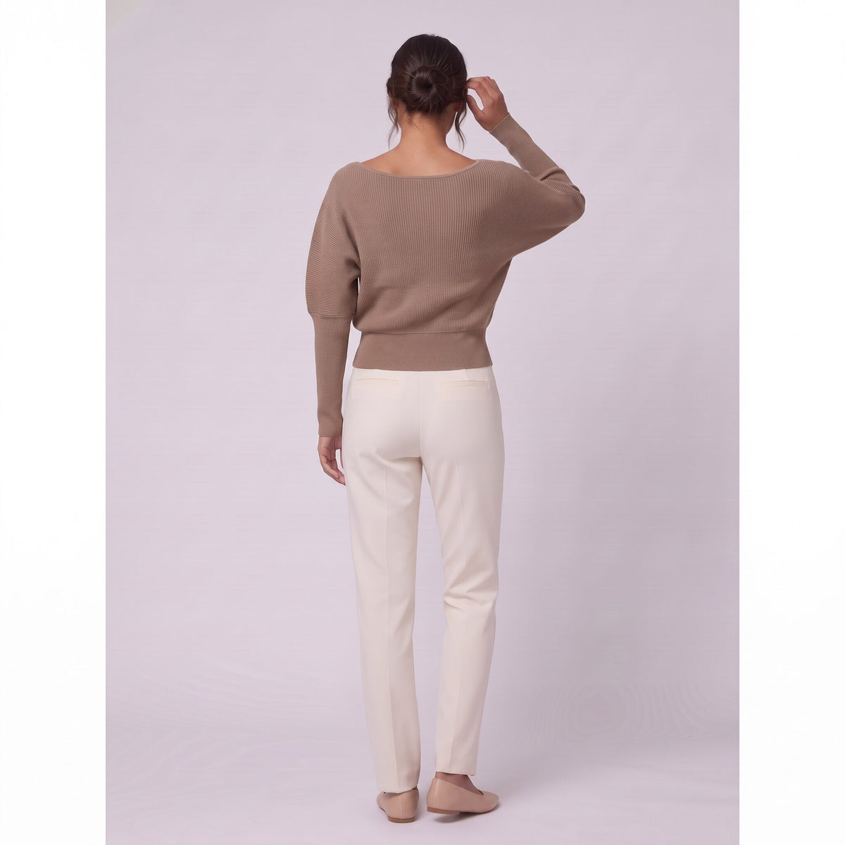 Solenne boat neck sweater in beige taupe, back view showing wide scooped neckline