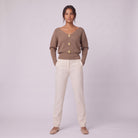 Solenne boat neck sweater in beige taupe, full length front view on model