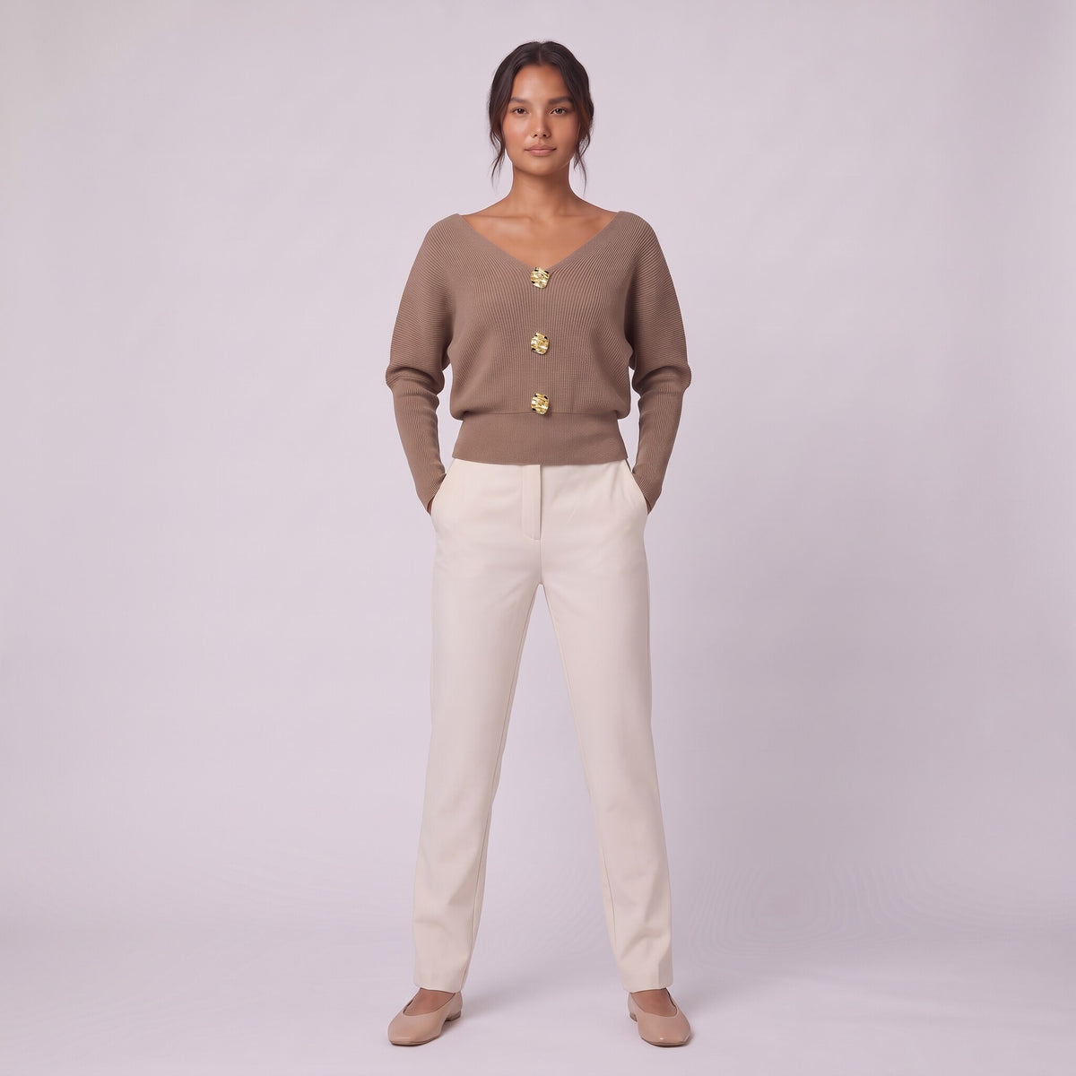 Solenne boat neck sweater in beige taupe, full length front view on model