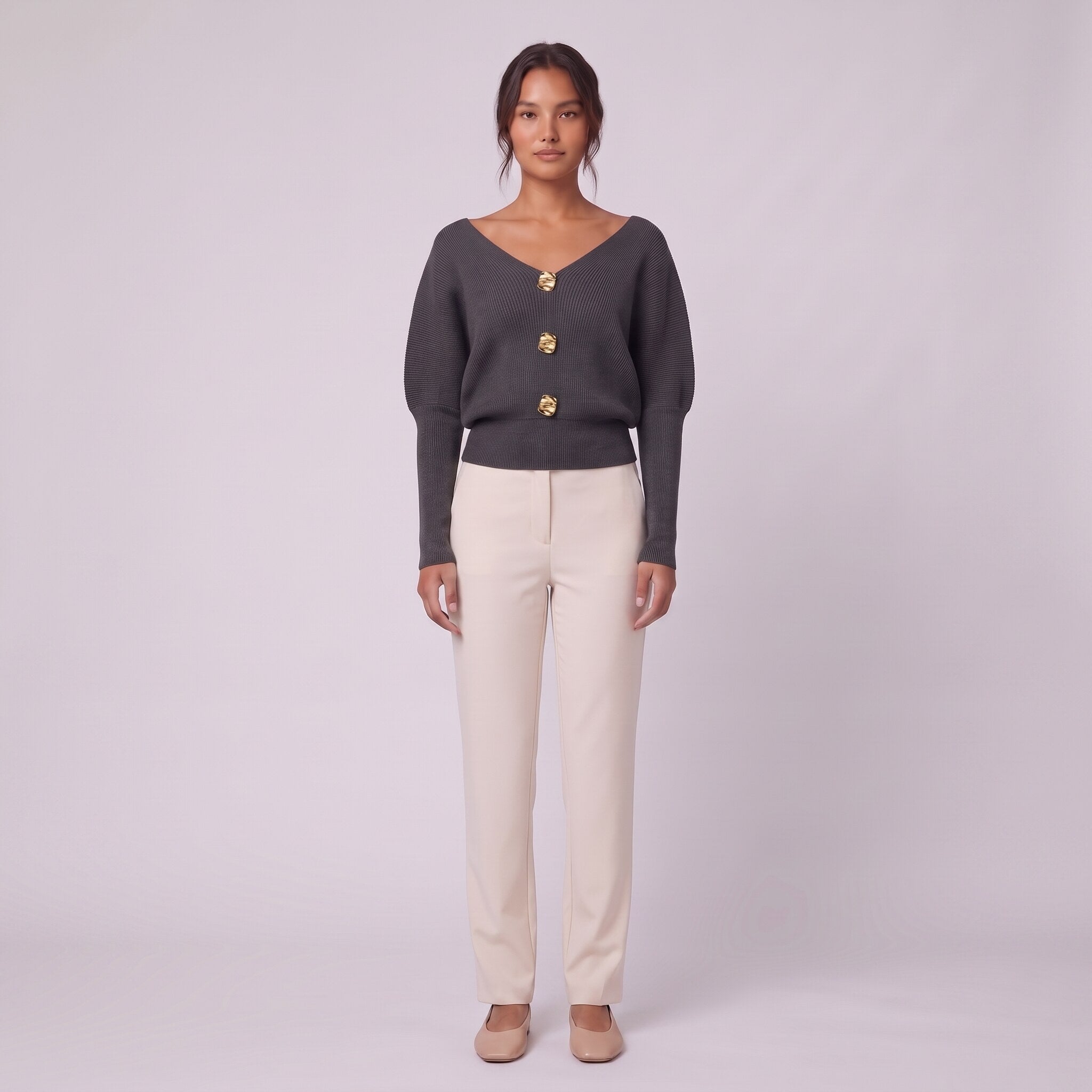Solenne boat neck sweater with gold buttons in charcoal grey, front view on model