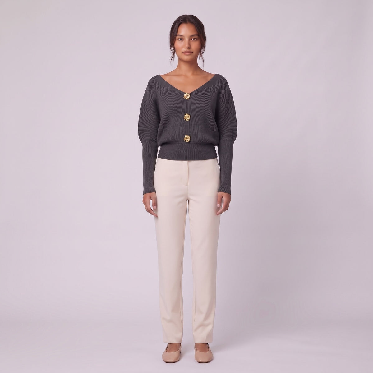 Solenne boat neck sweater with gold buttons in charcoal grey, front view on model