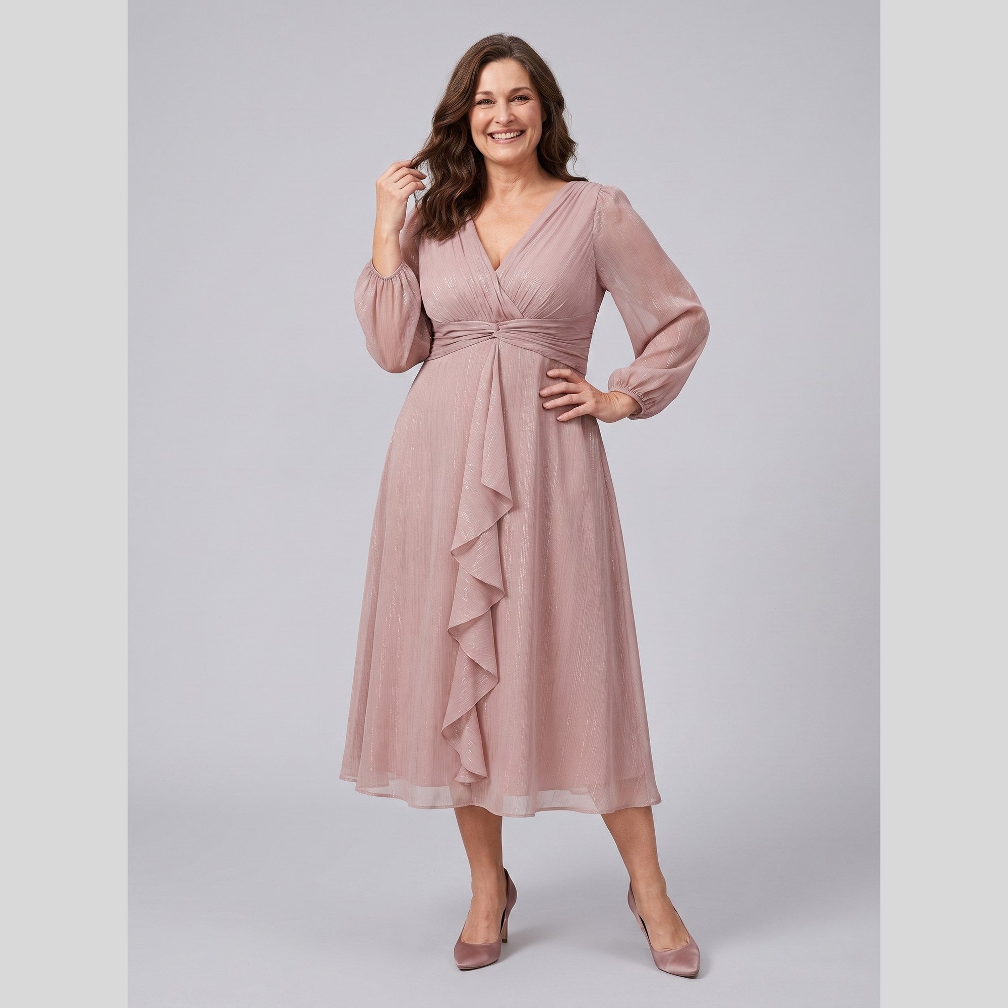 Chiffon dress with a twist-knot waist and sheer sleeves, view 11