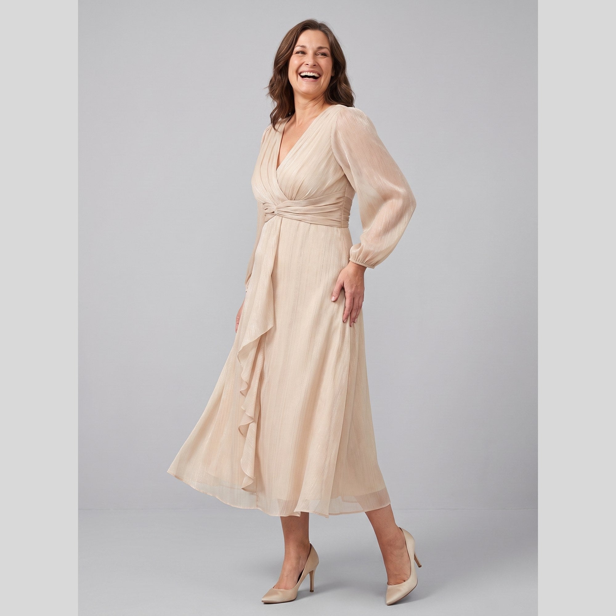 Chiffon dress with a twist-knot waist and sheer sleeves, view 8