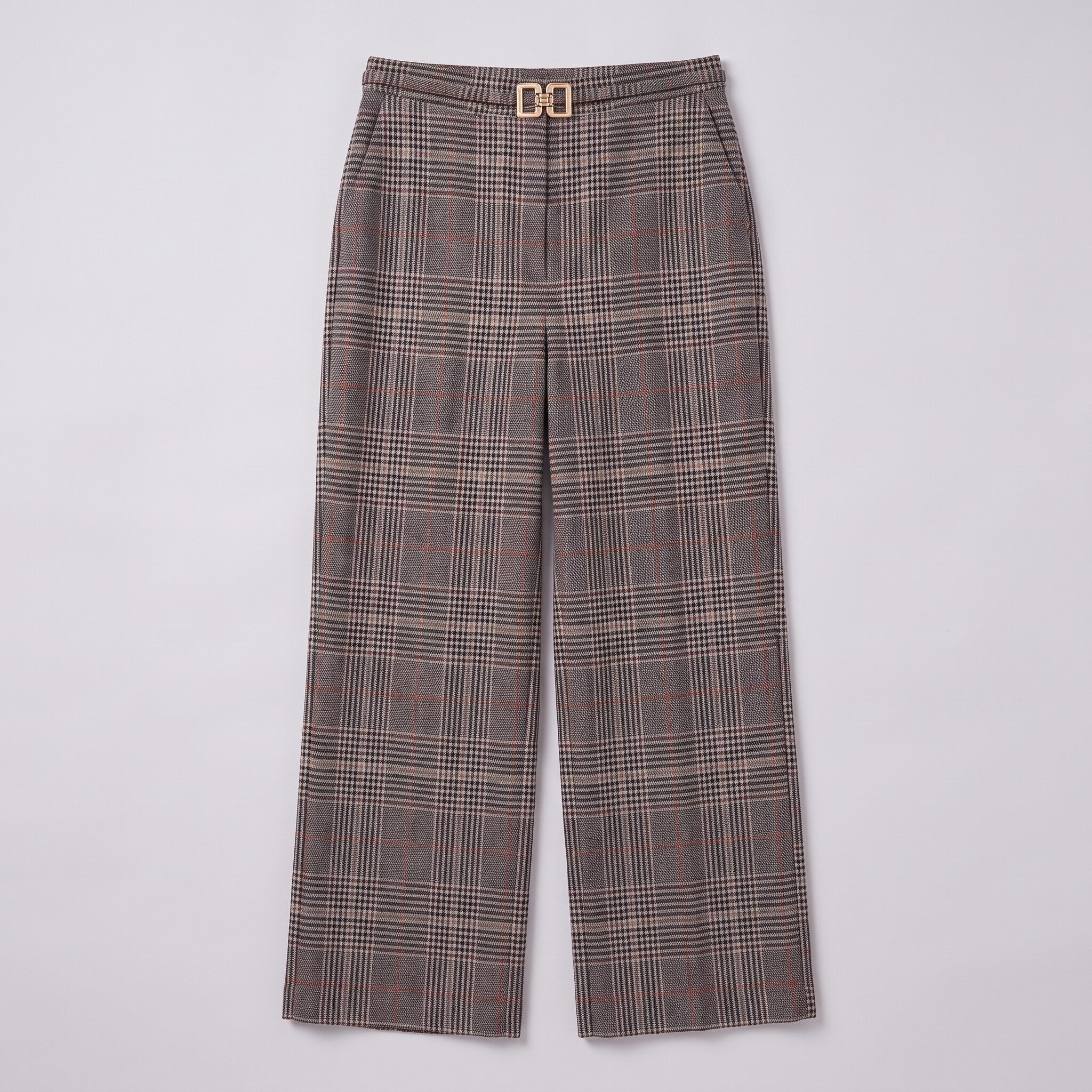 Sunniva check wide leg trousers flat lay, full garment in grey glen check on light grey