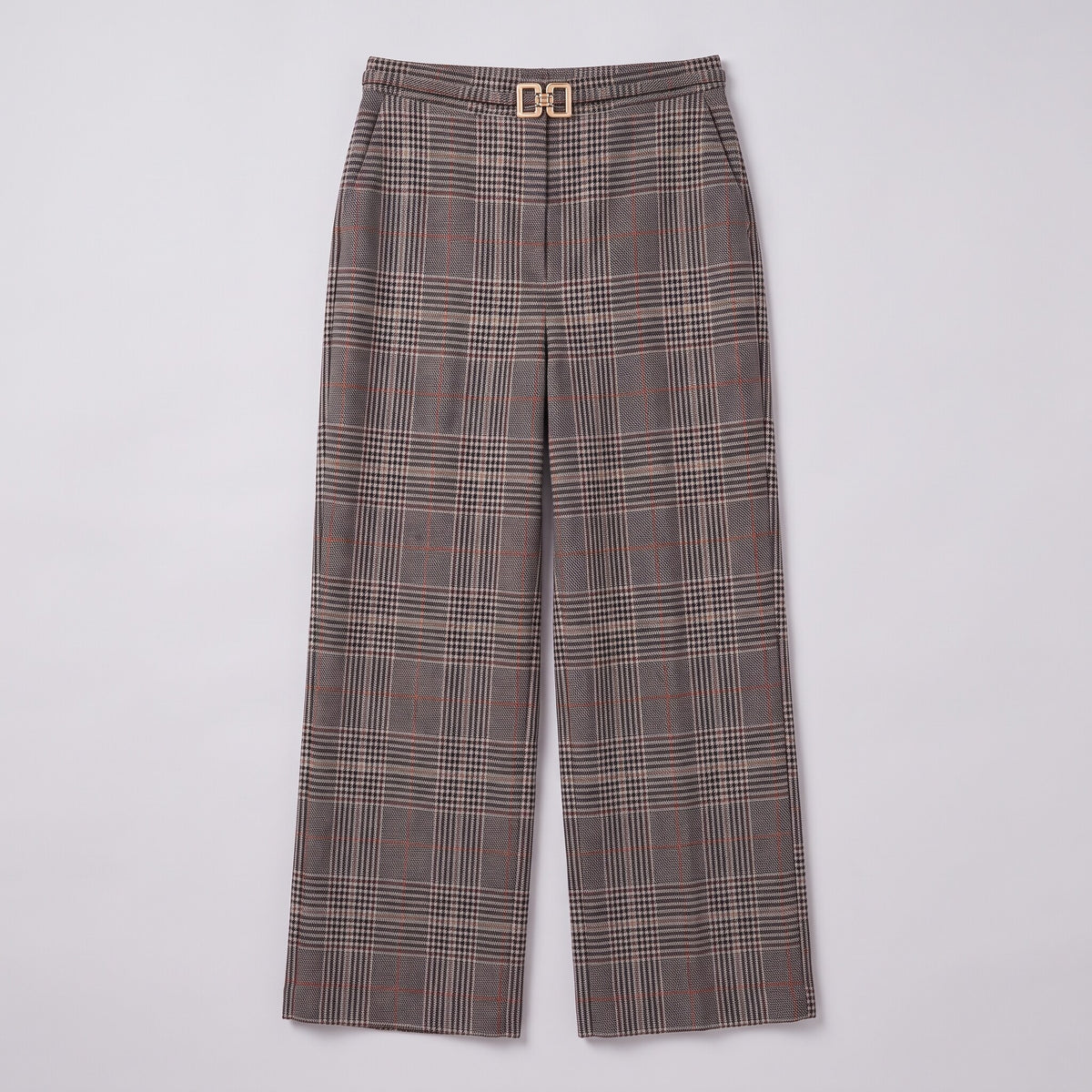 Sunniva check wide leg trousers flat lay, full garment in grey glen check on light grey