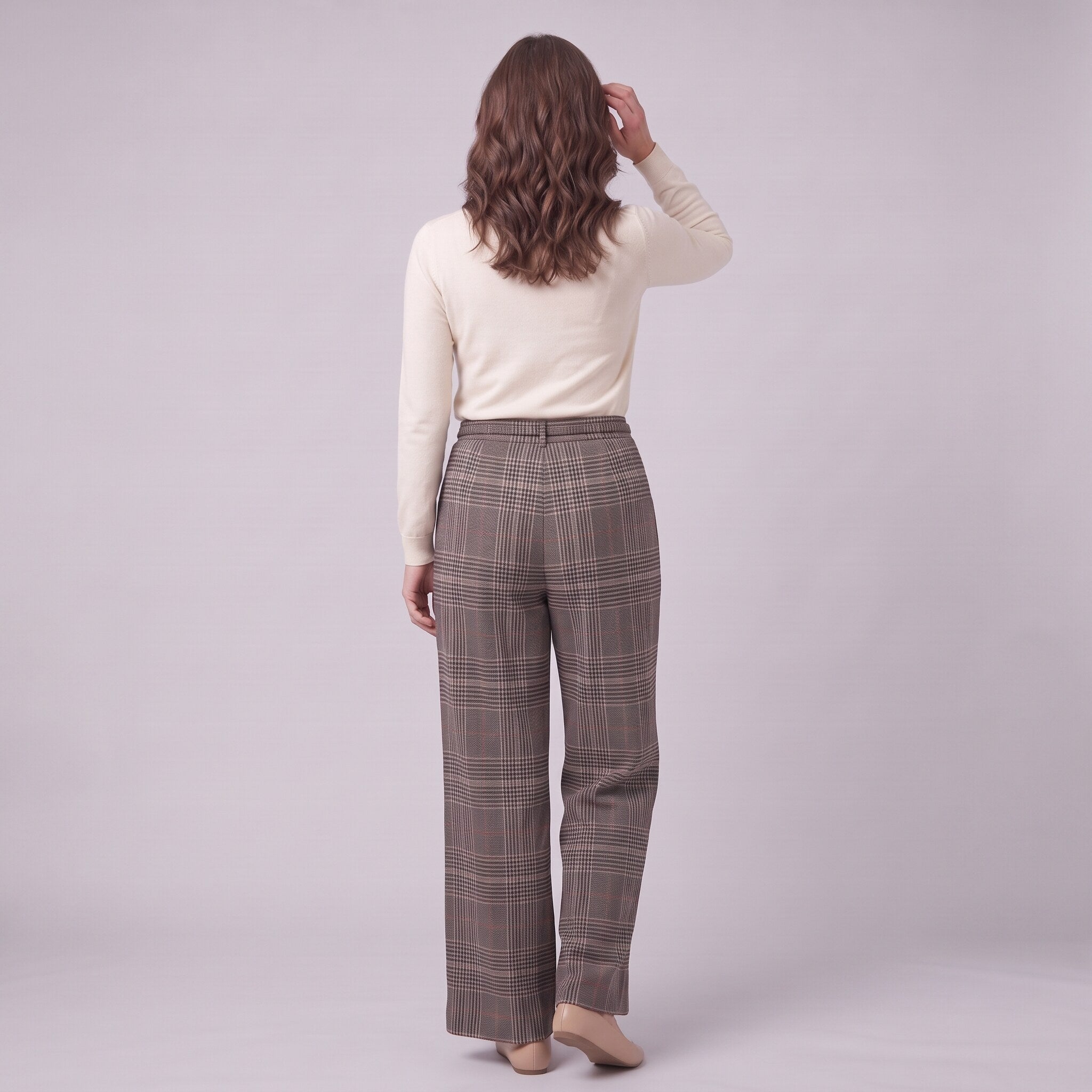 Sunniva check wide leg trousers in grey, back view on model
