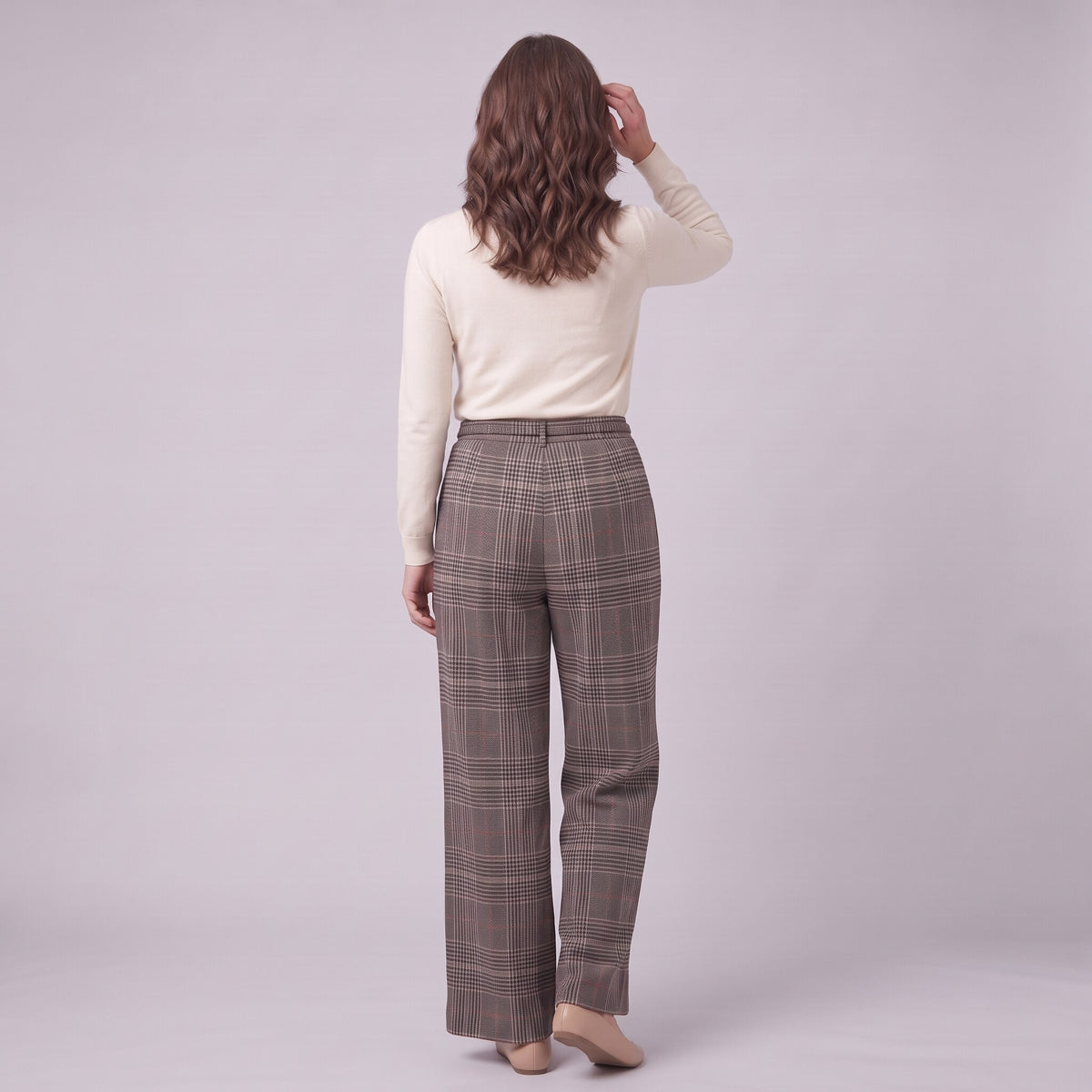 Sunniva check wide leg trousers in grey, back view on model