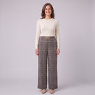 Sunniva wide leg trousers in grey glen check with red overcheck, front view on model