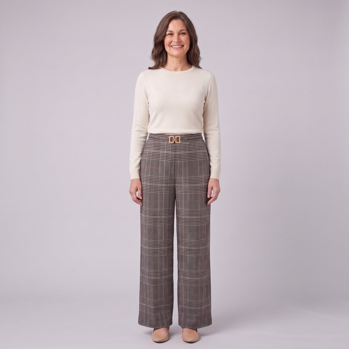Sunniva wide leg trousers in grey glen check with red overcheck, front view on model