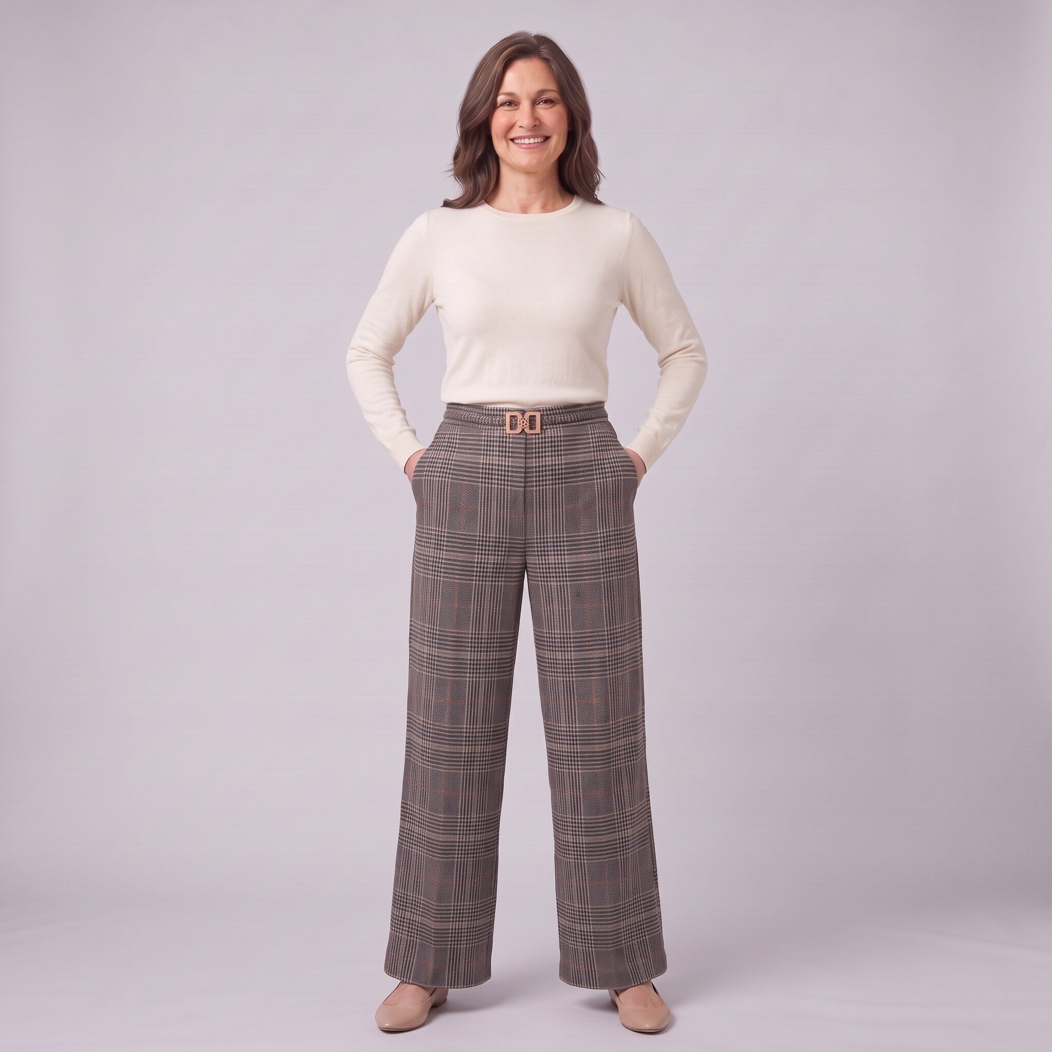 Sunniva check wide leg trousers in grey, full-length view with hands in pockets