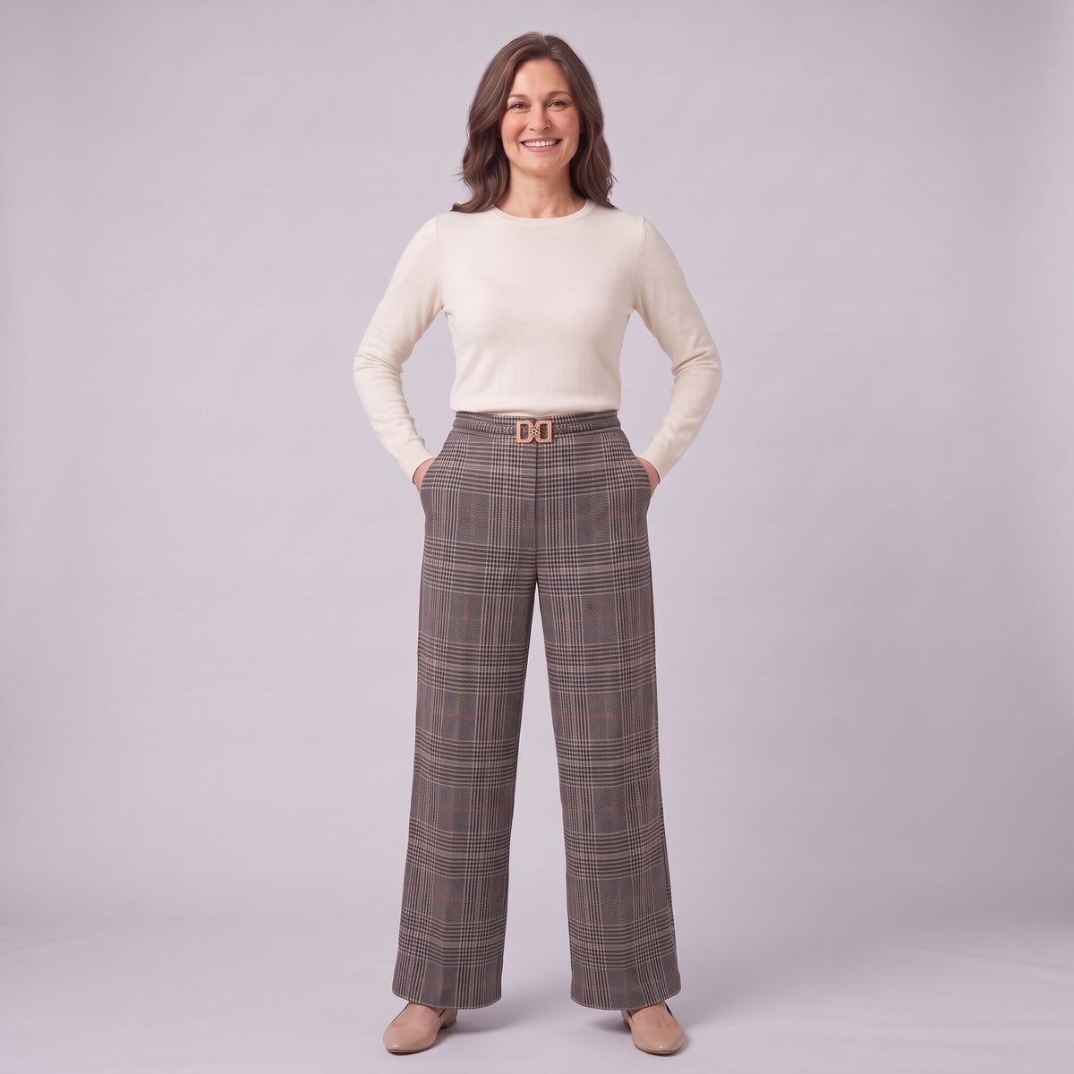 Sunniva check wide leg trousers in grey, full-length view with hands in pockets