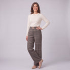 Sunniva check wide leg trousers in grey, three-quarter view showing the gold buckle waist