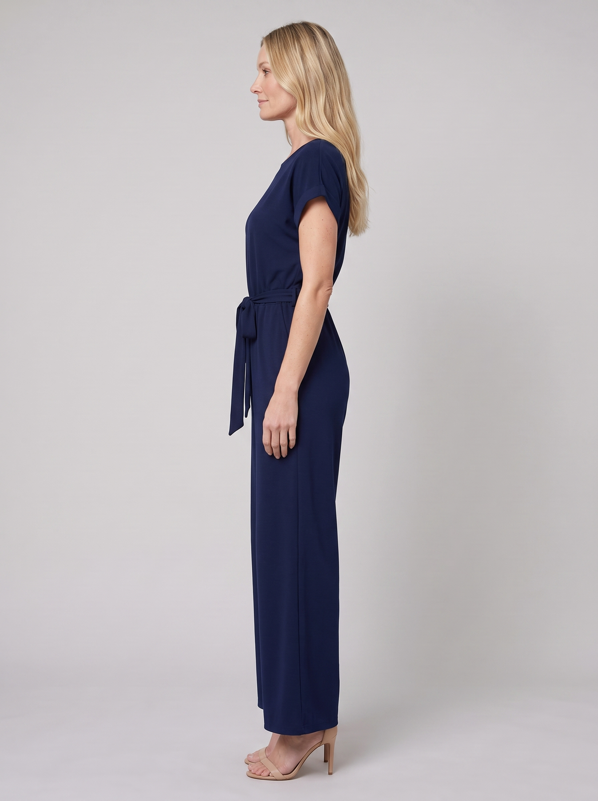 Navy wide-leg jumpsuit with a self-tie waist, view 4