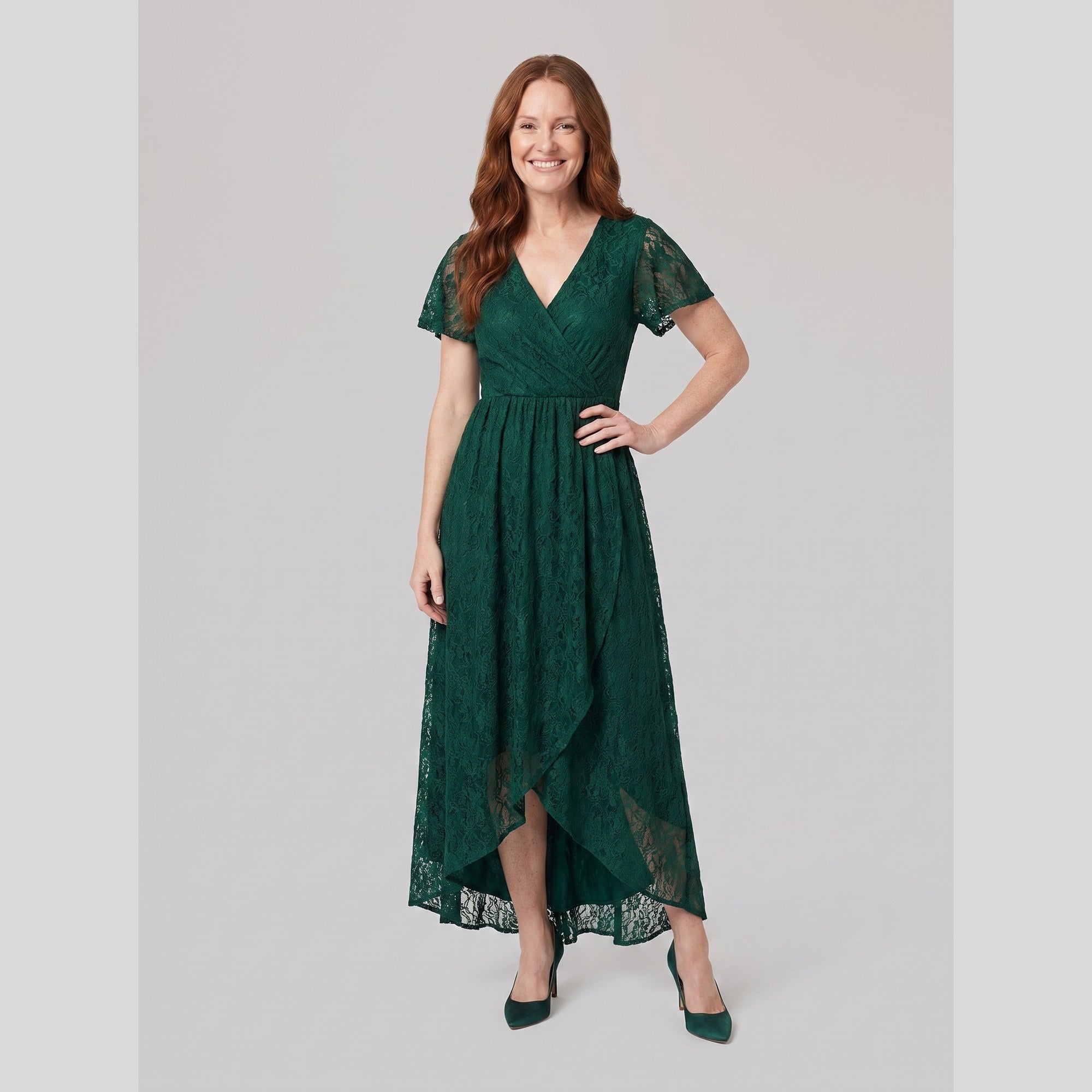 Lace gown with a pleated ruffle, V-neck and high-low hem, view 1
