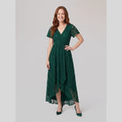 Lace gown with a pleated ruffle, V-neck and high-low hem, view 1