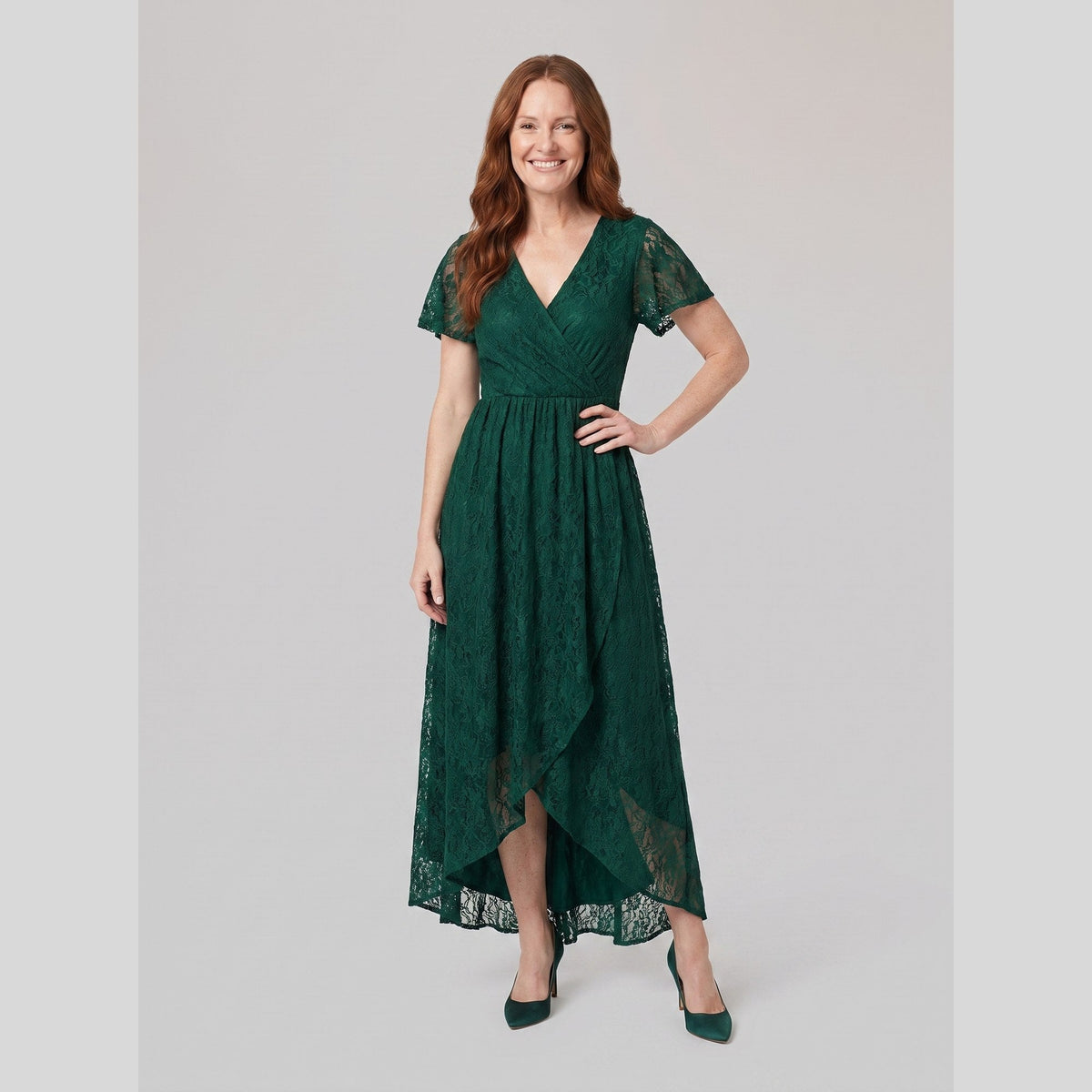 Lace gown with a pleated ruffle, V-neck and high-low hem, view 1