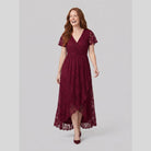 Lace gown with a pleated ruffle, V-neck and high-low hem, view 3