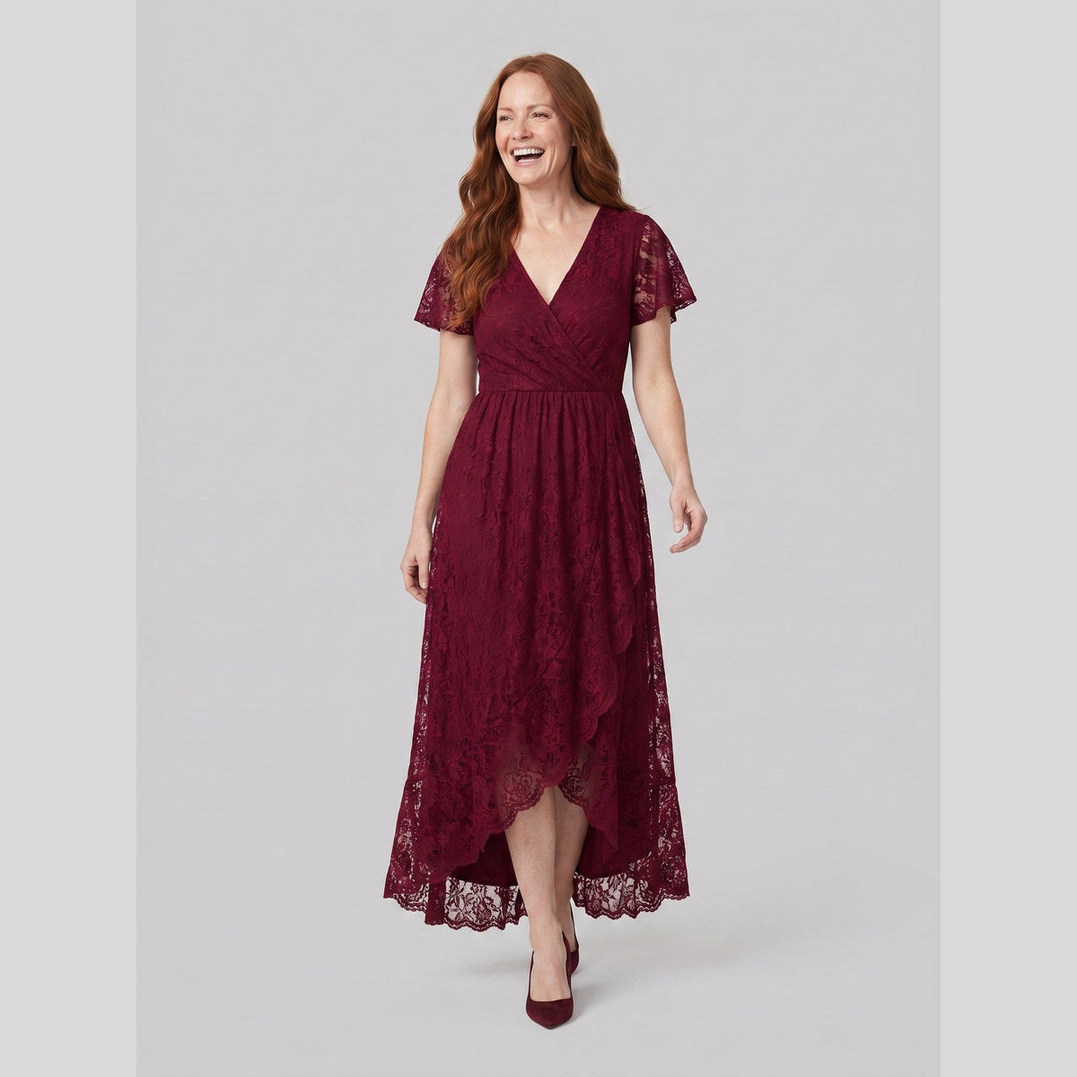 Lace gown with a pleated ruffle, V-neck and high-low hem, view 3