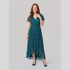 Lace gown with a pleated ruffle, V-neck and high-low hem, view 6